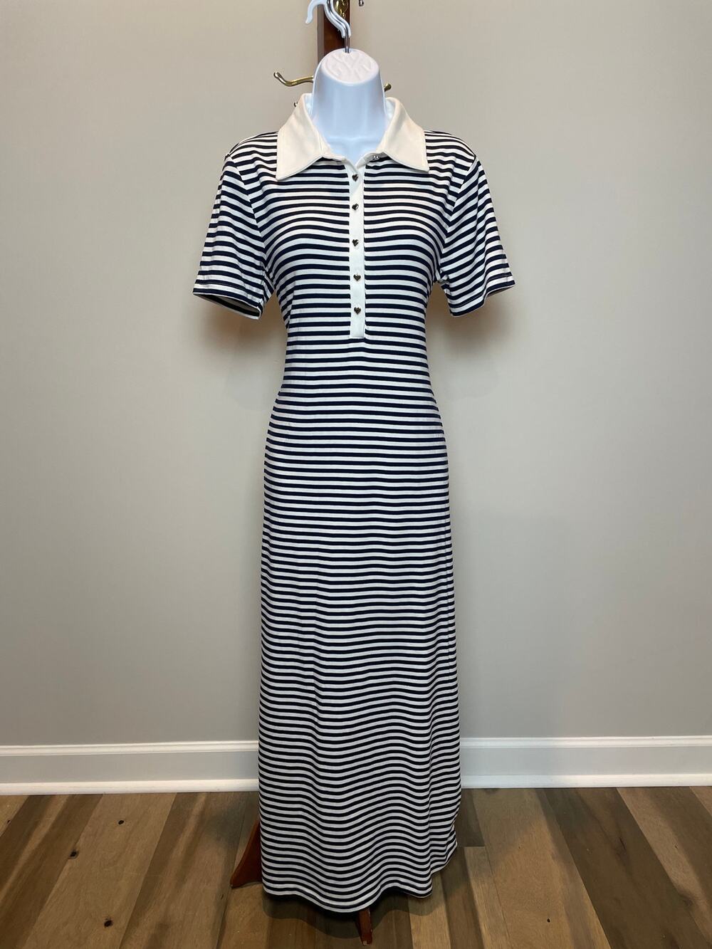 CeCe Navy White Striped Maxi Dress Collar Button Detail Size M